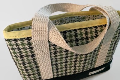 Small Upcycled Tote Bag, Green Houndstooth Wool with Lining - image3